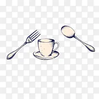 手绘卡通插图西餐餐具茶杯
