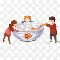 卡通手绘吃汤圆的一家人