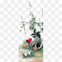 国画丝瓜瓜藤旁的公鸡