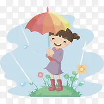 水彩可爱插图下雨时撑伞的小姑娘