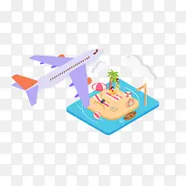 小岛旅游度假飞机2.5d矢量插画