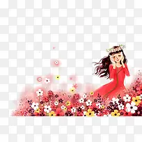 花丛中的红裙女孩