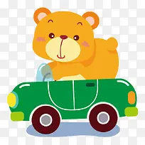 卡通手绘可爱小熊开绿色汽车