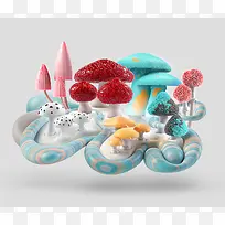 灰色背景卡通各种颜色的蘑菇