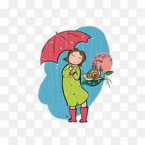 卡通雨中撑伞的女孩素材