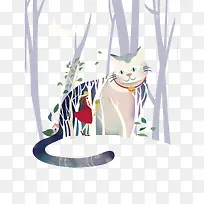 免抠卡通手绘森林里的猫咪女孩