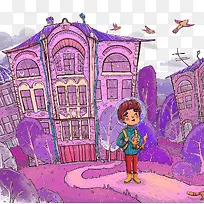 彩绘粉色楼房和小男孩