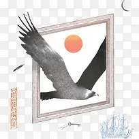 手绘日落飞鹰图案