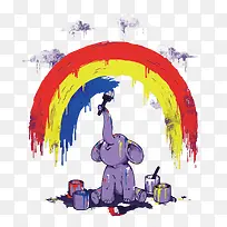 矢量大象画画彩虹