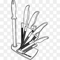 手绘厨房刀具刀架与刀子