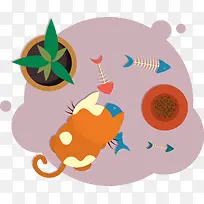 猫吃鱼插画