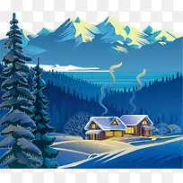 蓝色冬日树林小屋