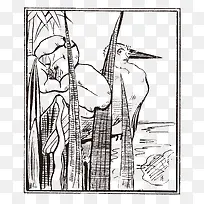 黑白线条竹子鸟水草图案