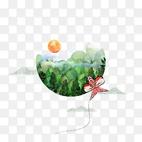 清新文艺圆形彩绘风筝树林图标