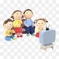 卡通3D泥偶一家人看电视PNG