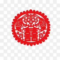 双喜 剪纸 红色 圆形 鱼装饰