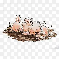 手绘插图躺在污泥中的小猪