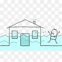 卡通插图洪灾淹没的房子呼救的人