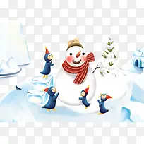 围着雪人的四个小企鹅
