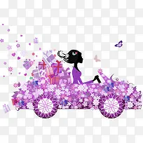 紫色清新花车女孩装饰图案