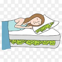 卡通插图枕着钱睡着的女孩