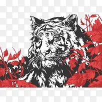 红色枫叶中的老虎