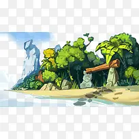 卡通手绘海滩森木
