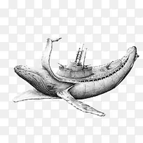 香蕉上的轮船素描插画