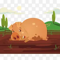 躺在泥巴里面的小猪