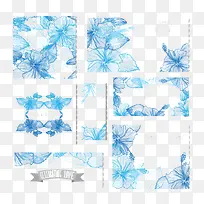 7款蓝色手绘花卉婚礼卡片矢量图