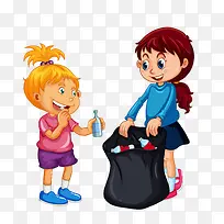 红蓝色捡垃圾的两个卡通小孩