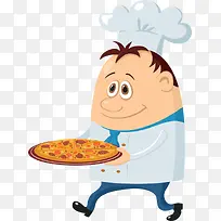 卡通手端披萨的厨师