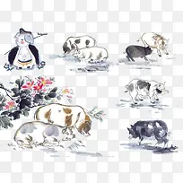 十二生肖水墨猪漫画