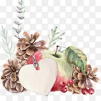 手绘水彩松果苹果樱桃