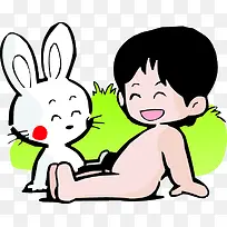 卡通可爱白兔和光屁股男孩