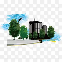 城市建筑物与大树剪影矢量素材