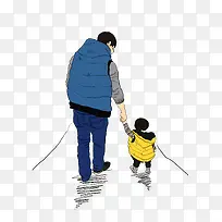 卡通动漫父子牵手行走背影图