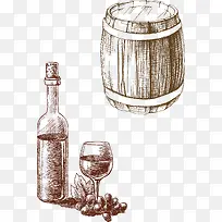 卡通线条红酒瓶子酒桶