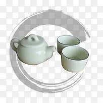 一套白瓷茶具墨迹