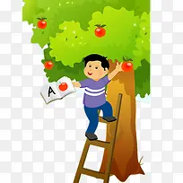 上树摘苹果的男孩