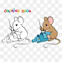 老鼠缝衣服的彩色填充画画