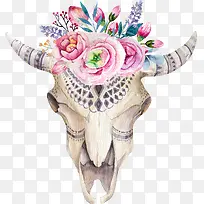 波西米亚水彩手绘羊头骨骸民族花