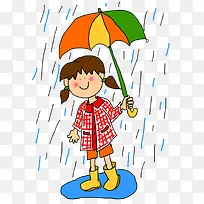 手绘卡通可爱插图雨天撑伞走在路
