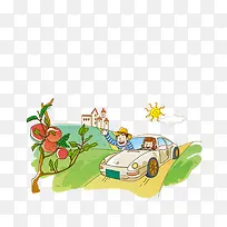 太阳草地户外场景手绘