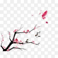 水墨桃花飞翔的麻雀