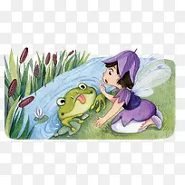 手绘水彩女孩和青蛙