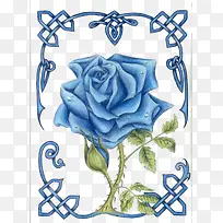 蓝色的玫瑰花和中国风的边框