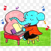 弹钢琴的小象彩色绘画png