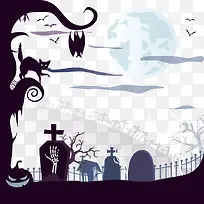 矢量万圣节墓地一只黑猫和骨架