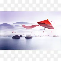 唯美中国风意境红伞山水画